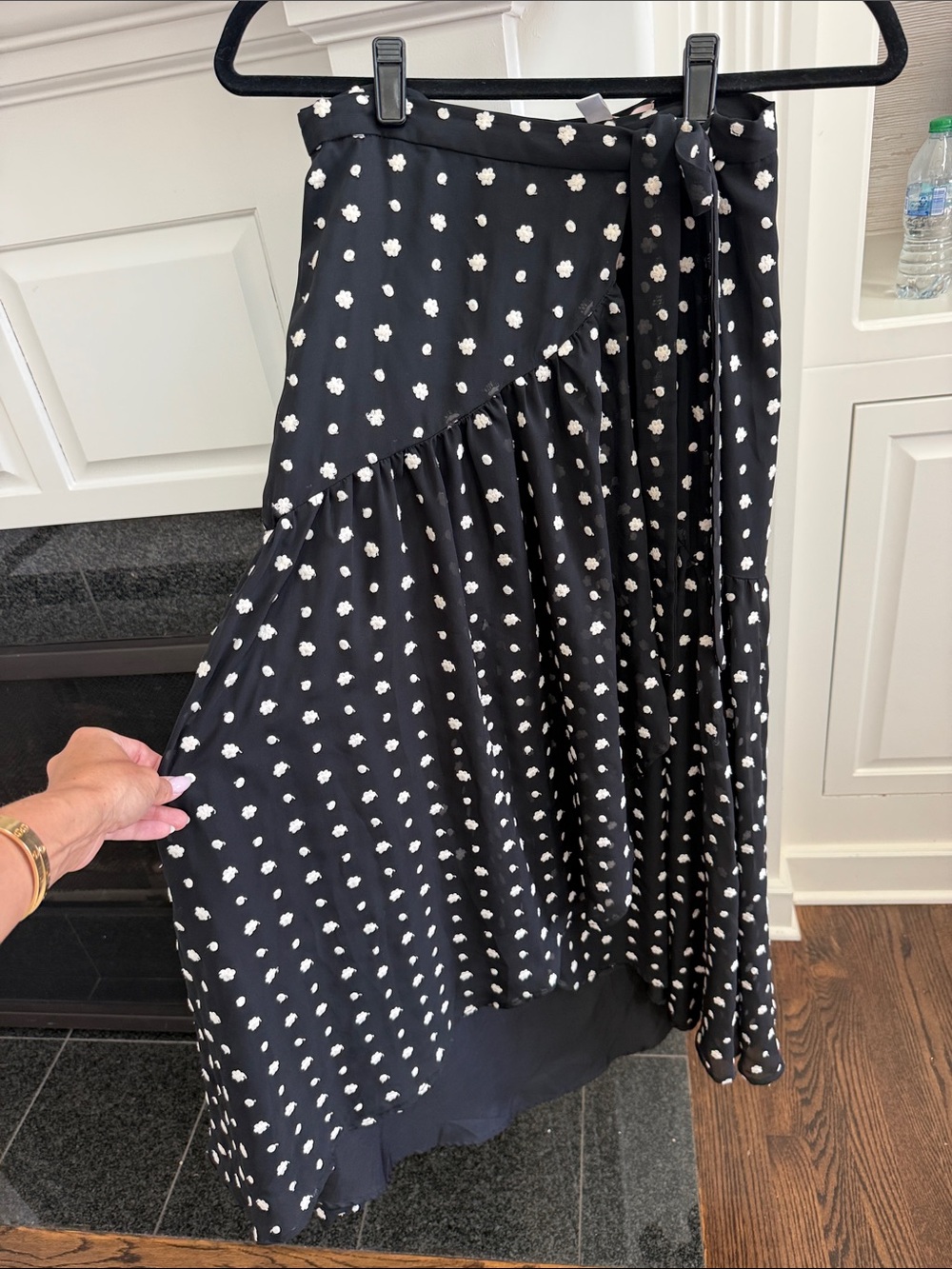Hutch Black and White Asymmetrical Polka Dot Midi Skirt with Tie
